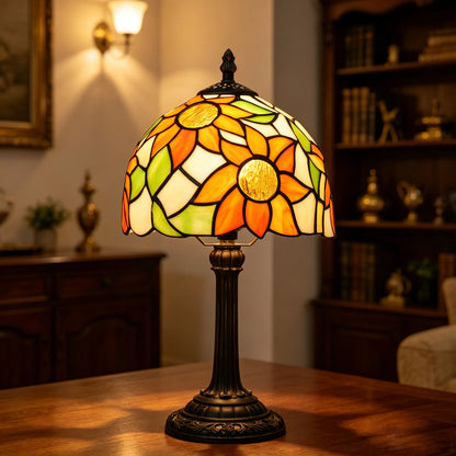 Sunflower glass lamp shade close-up hand-assembled coloured panels