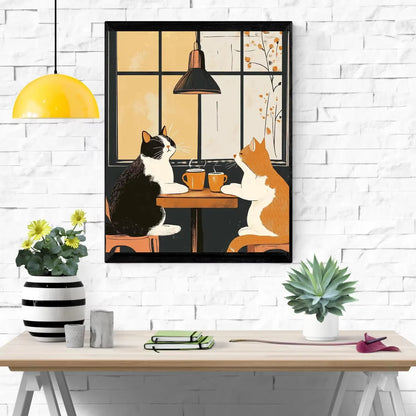 Funny Cat Coffee Cafe Vintage Canvas Wall Art