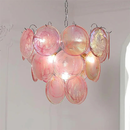 Murano stained glass chandelier in pink glass on a chrome frame