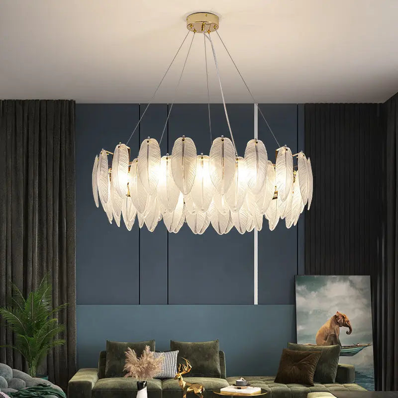 Round feather glass chandelier at 19.7 in (50 cm) with five lights