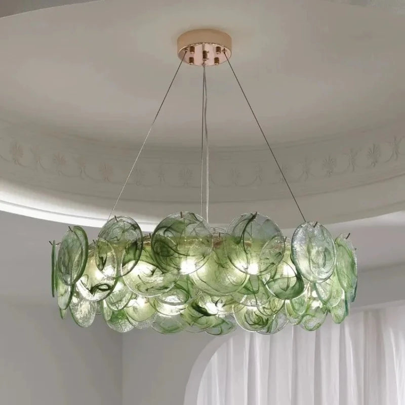 Glass element detail on a polished copper Murano style chandelier