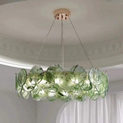 Glass element detail on a polished copper Murano style chandelier