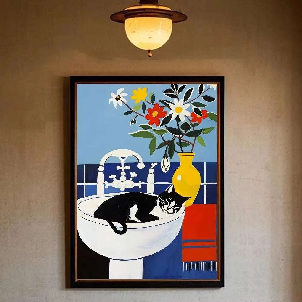 Funny Black Cat Toilet Newspaper Bathroom Canvas Art