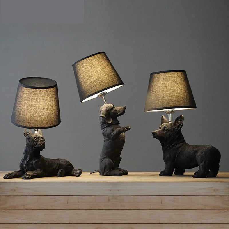 Black ceramic dog table lamp EU plug variant in kids room setting