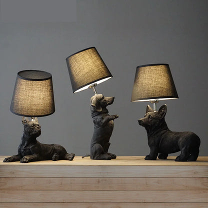 Black ceramic dog table lamp EU plug variant in kids room setting