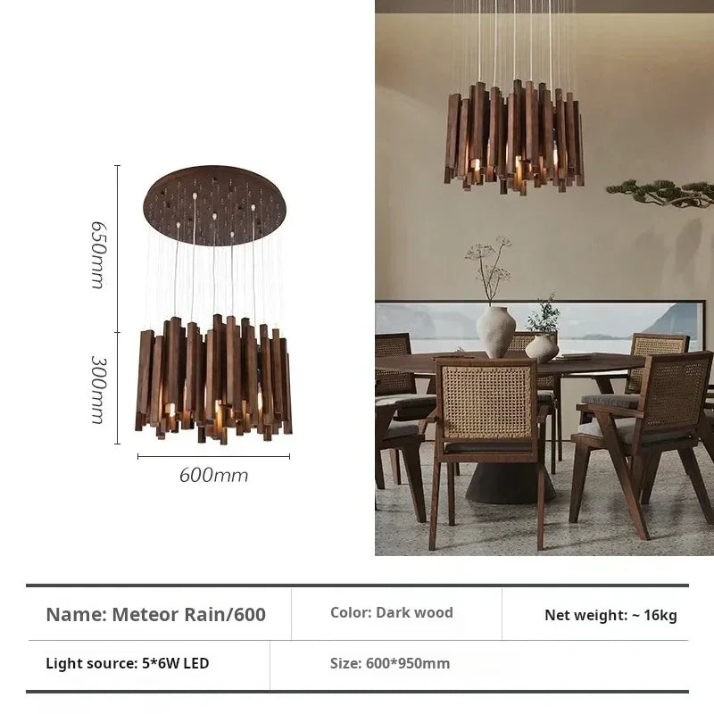 Wooden farmhouse chandelier shown lit in warm 3000K LED light