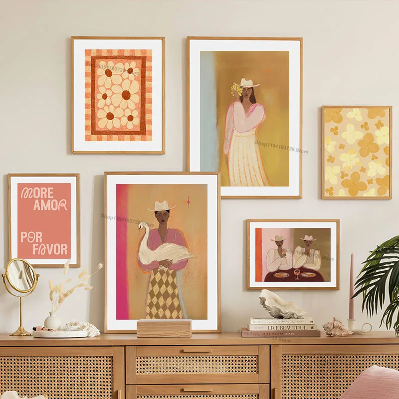 Fashion Girl Abstract Dog Flower Canvas Wall Art