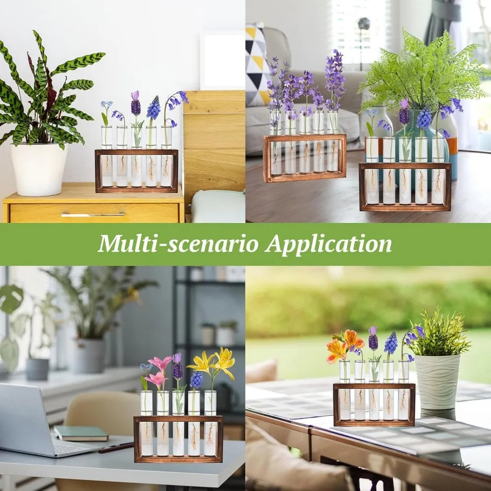 Style C-4 four-tube glass propagation planter on natural wooden wall rack