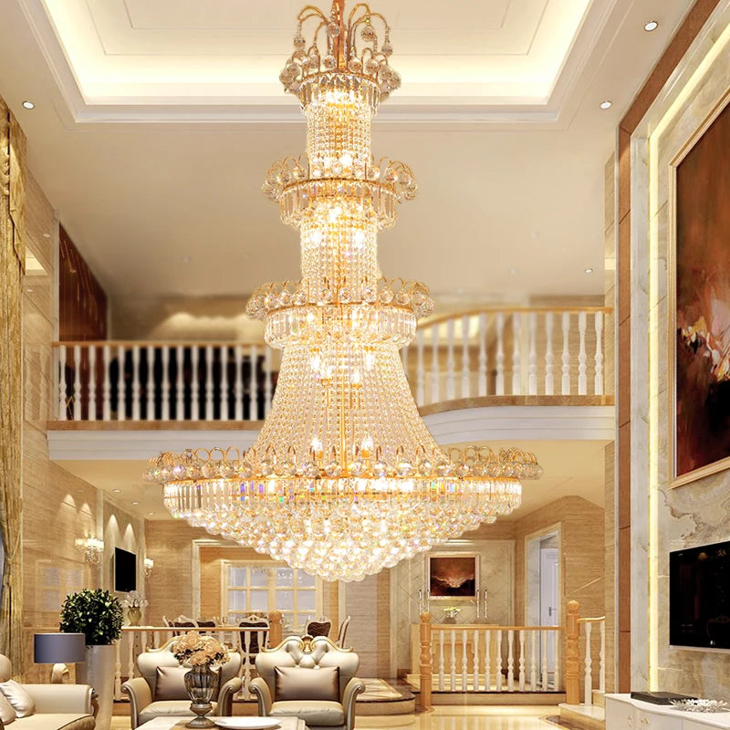 Tiered gold crystal chandelier with four layers of crystal on an iron frame