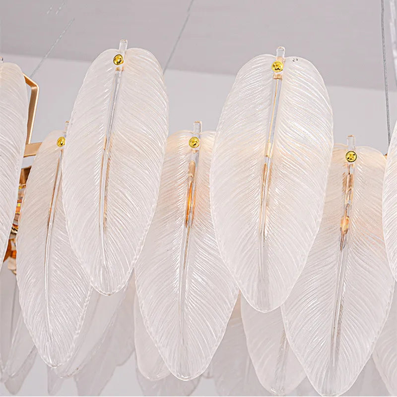 Long 39.4 in (100 cm) feather glass chandelier with eight lights