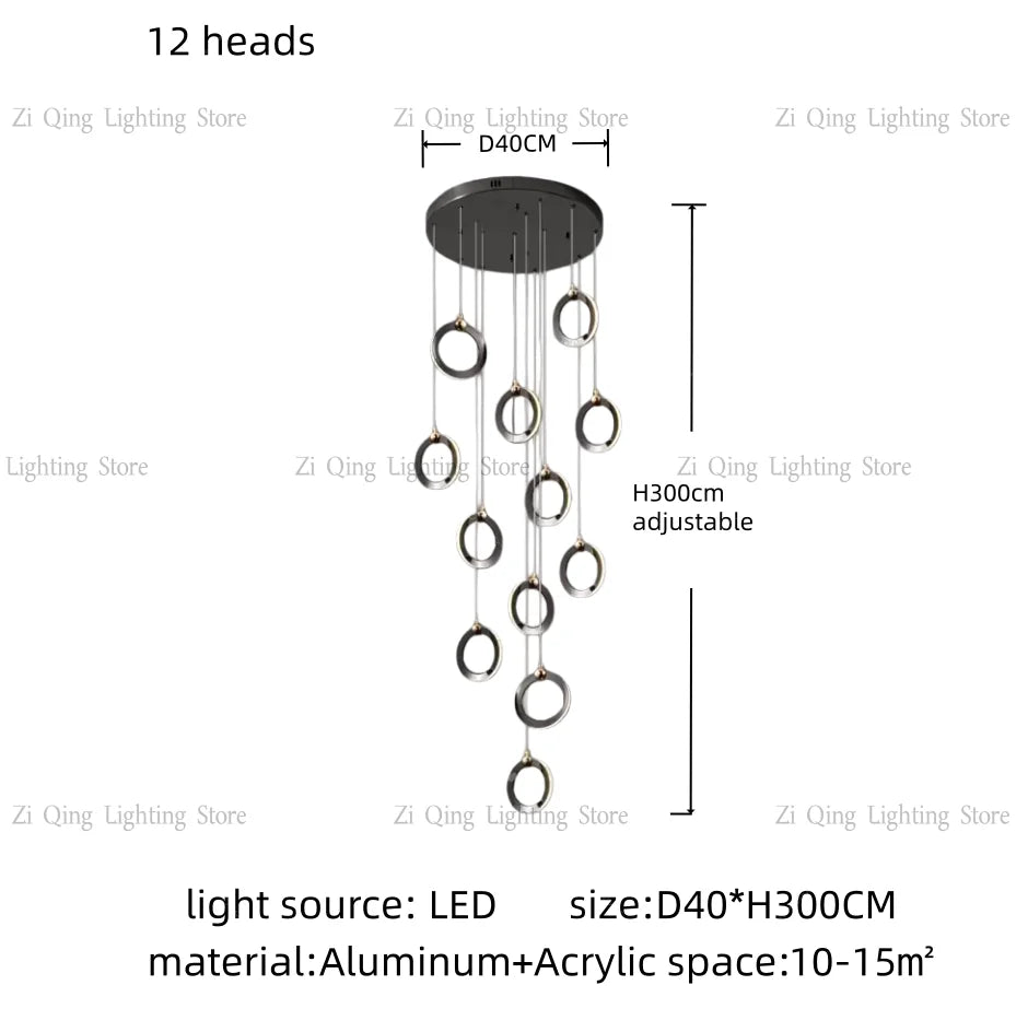 Twenty ring chandelier with a 157.5 in adjustable cord pendant drop
