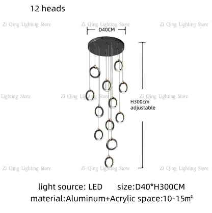 Twenty ring chandelier with a 157.5 in adjustable cord pendant drop