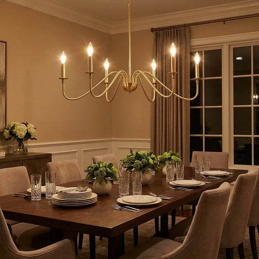 Vintage shadeless chandelier with bare metal arms and exposed E14 sockets