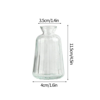 Modern glass bud vase with single stem flower on shelf