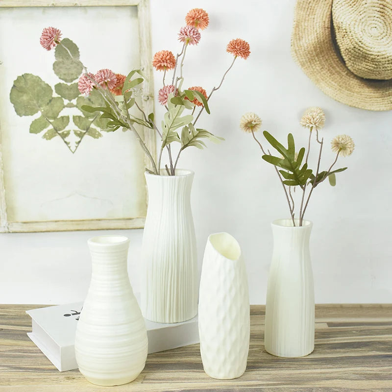 Nordic white plastic flower pot style Z01 holding small potted succulent on white shelf