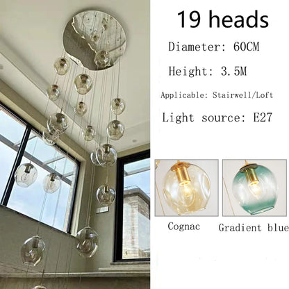 Cold white light through the tinted glass globes of a chandelier