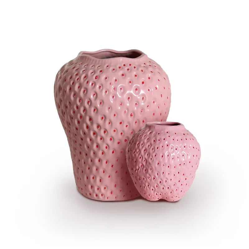 Cartoon strawberry terrarium flower vase in pink red and gray