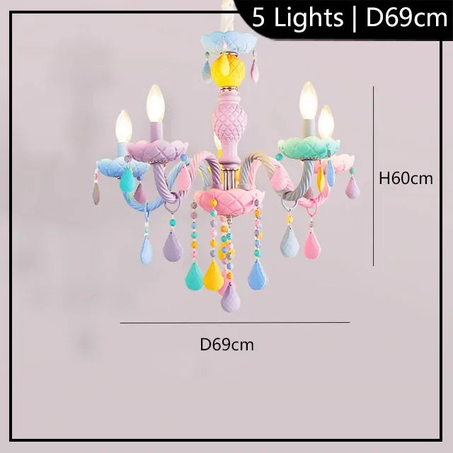 Pastel glass shade grouping on the polished steel chandelier arms