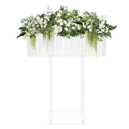Crystal acrylic flower stand with white peony and greenery arrangement from side profile