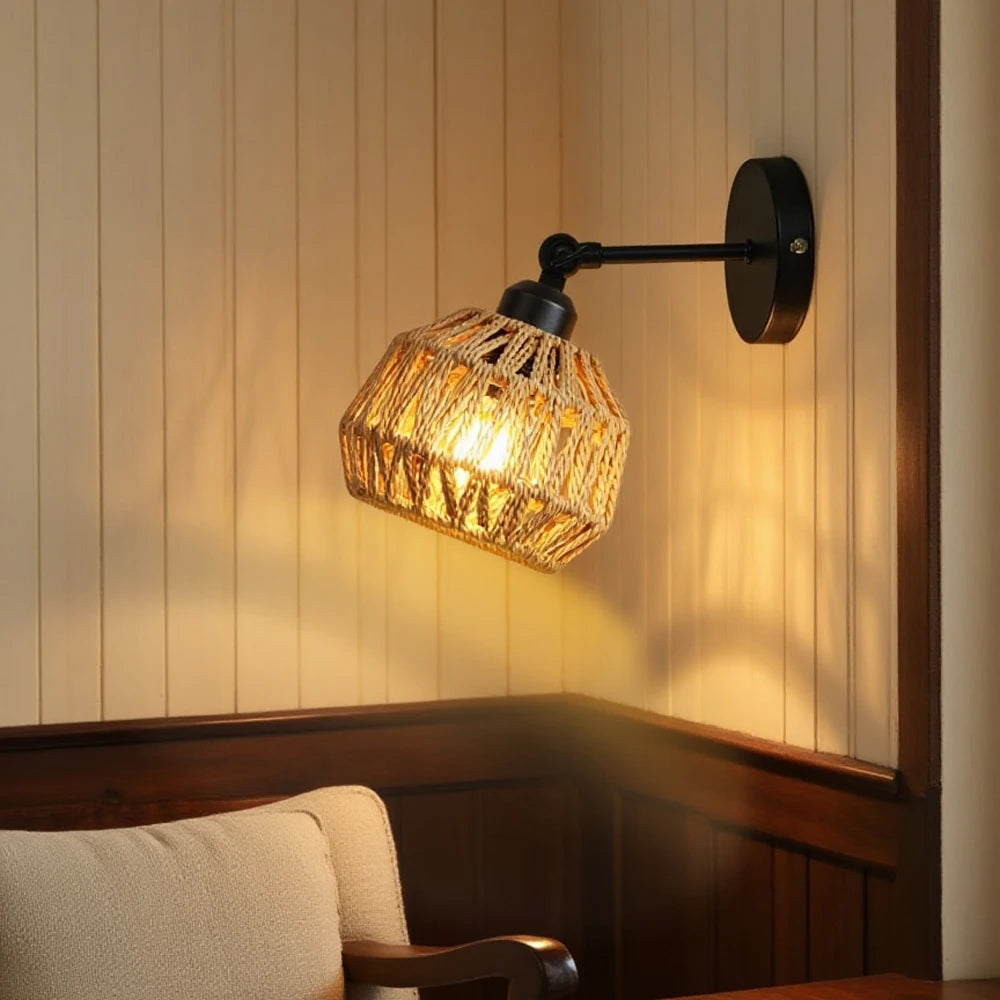 rattan wall sconce, installed in a room interior setting