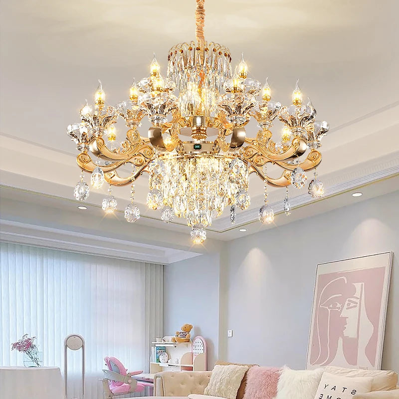 Candle style crystal chandelier on a plated iron frame with chain suspension