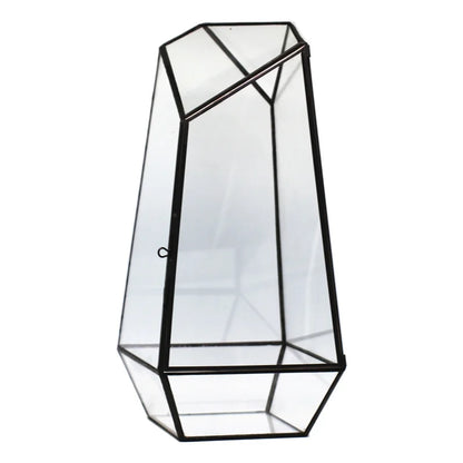 Quartz-shaped glass terrarium interior detail showing fresh moss and stone base layer