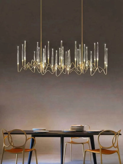 Crystal branch chandelier in chrome with shades along a long frame
