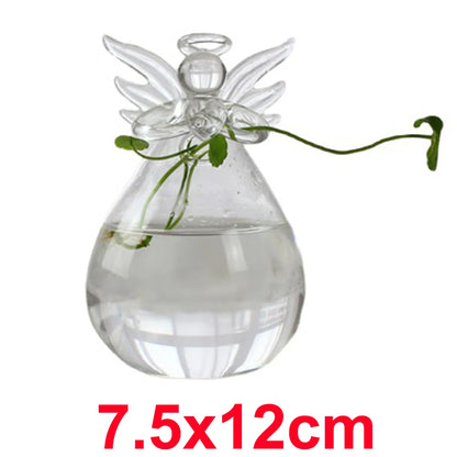 Angel glass hanging vase with fresh greenery in contemporary home interior