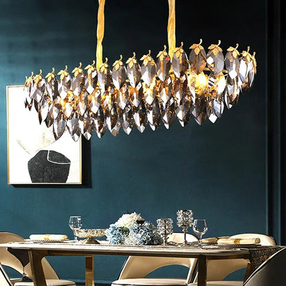 Silver polished steel chandelier with smokey K9 crystal leaf shades