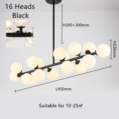 Glass ball chandelier throwing light both up and down from a chrome ring