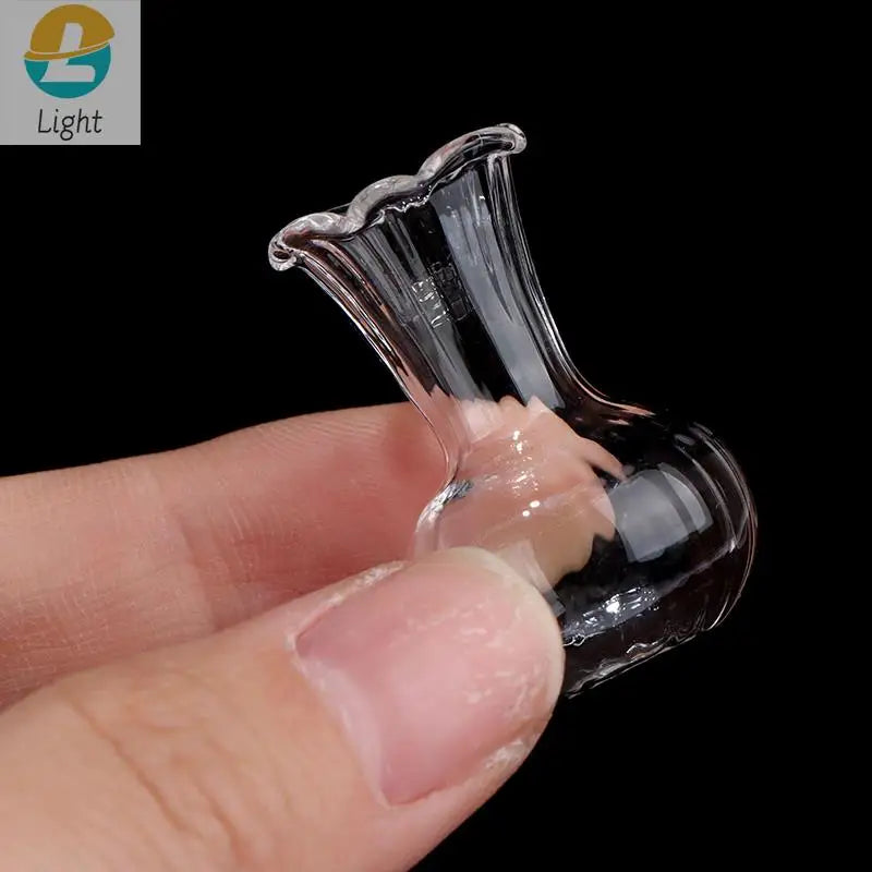 Tiny glass dollhouse flower vase style option two on display shelf