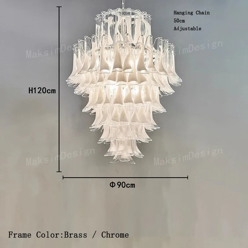 Linear glass petal chandelier 37.4 in long with polished steel hardware