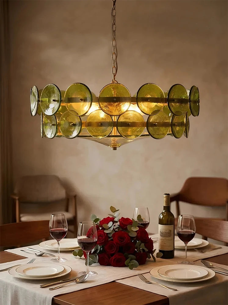European glass dome chandelier with colored shades on a chain