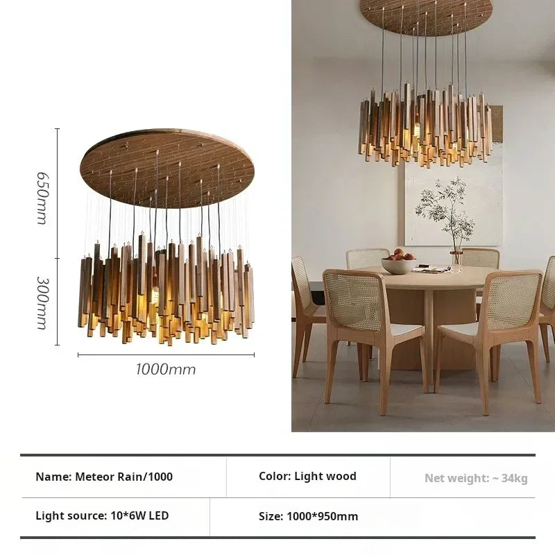 Linear dark wood chandelier spanning 39.4 in (100 cm) long