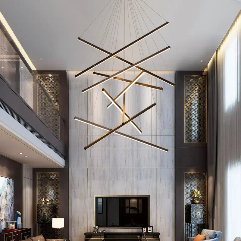 Linear bar staircase chandelier with stacked black aluminium bars