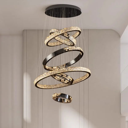 Crystal stair chandelier with eight rings and a 137.8 in drop