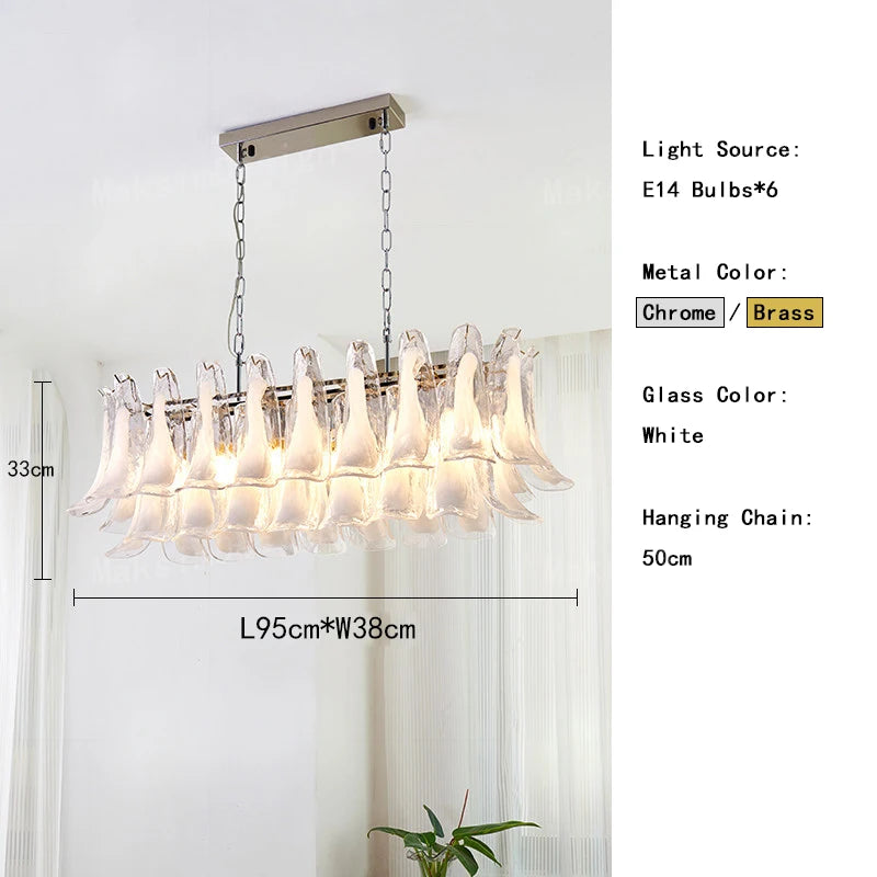 White glass petal chandelier for a cafe with polished chrome framing