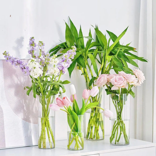 Clear shatterproof plastic cylinder vase 10x40cm with tall flower stems