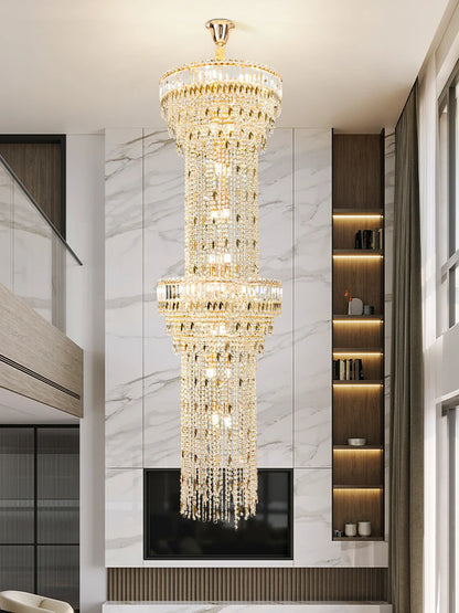 Crystal layer detail on a hollow spiral chandelier with an iron frame