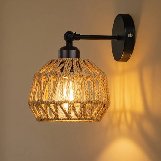 rattan wall sconce, front view on white background