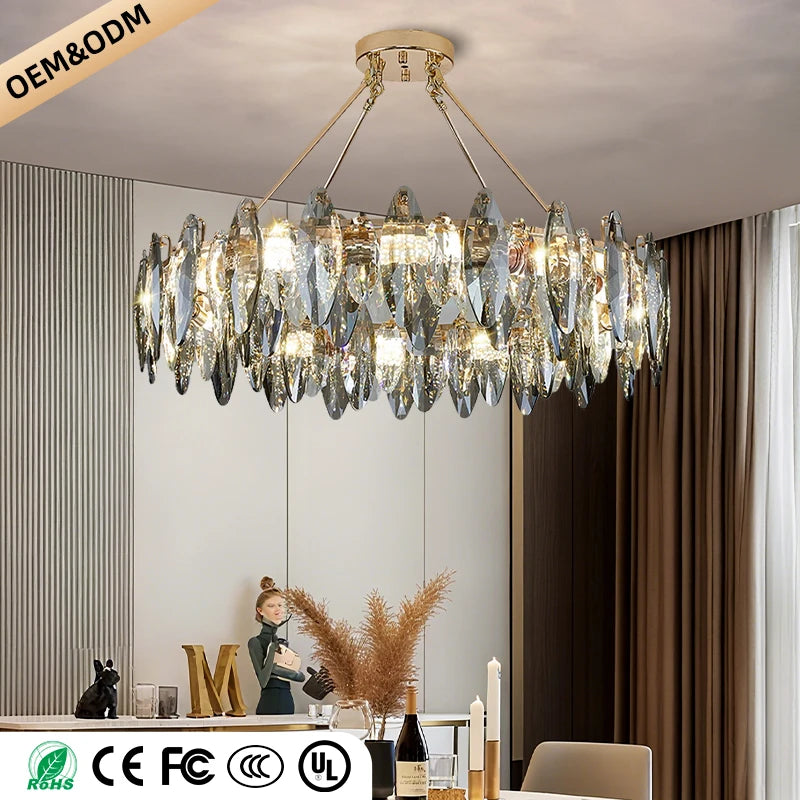 Round crystal chandelier, 37.4 inch diameter, on a plated cord pendant