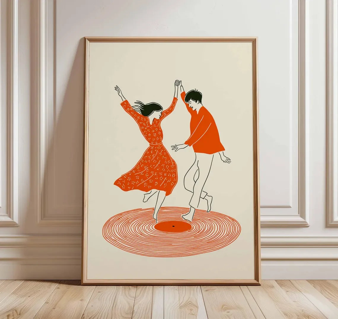 Retro Dancing Couple Record Player Canvas Wall Art
