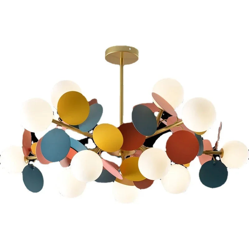 Glass shade detail on a contemporary branch chandelier with G9 sockets
