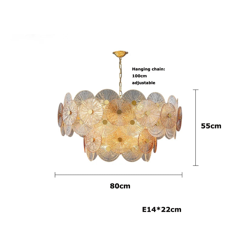Straight 39.4 in (100 cm) lotus leaf chandelier in gold steel