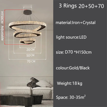 Six ring crystal chandelier, 39.4 in across, for a stairwell