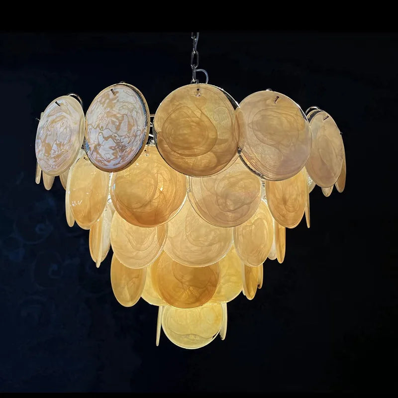 Linear glass disc chandelier, 47.2 inches long, in gold polished metal