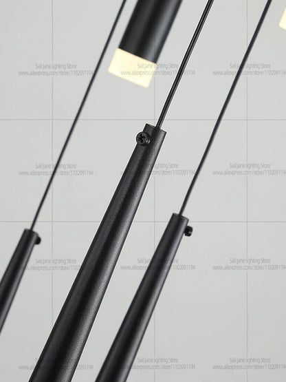 Nine head staircase chandelier with acrylic diffusers on aluminum rods