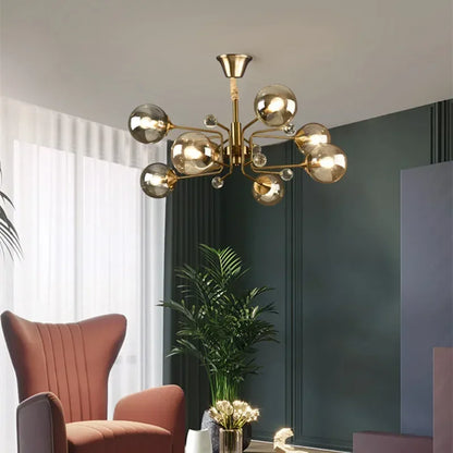 Gray glass bubble chandelier with eight globes on a semi flush chrome mount