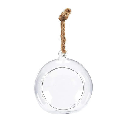 Oval clear glass hanging planter filled with trailing green succulent