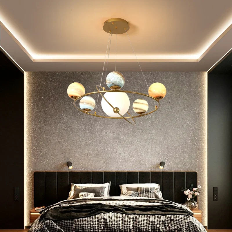Seven head globe chandelier with planet shaped spheres on metal arms